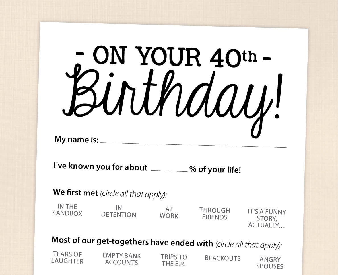 40th Birthday Party Game Card Funny Milestone Printable PDF