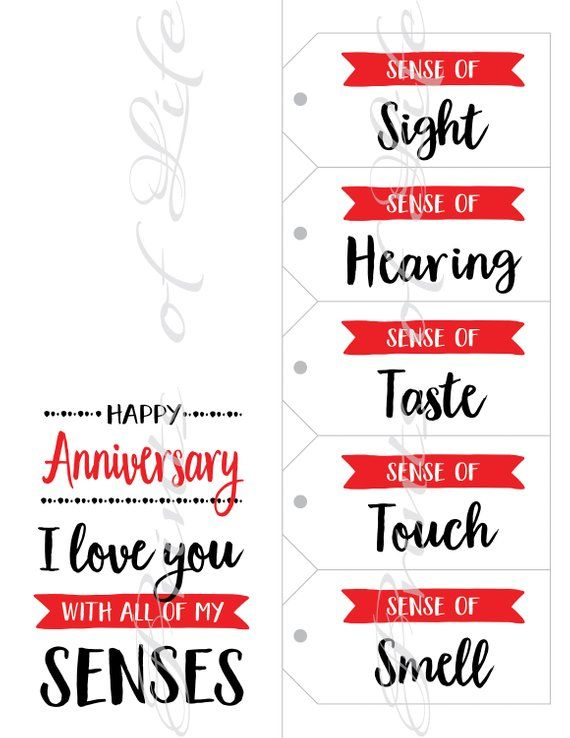 5 Senses Gift Tags Anniversary Card Instant Download 