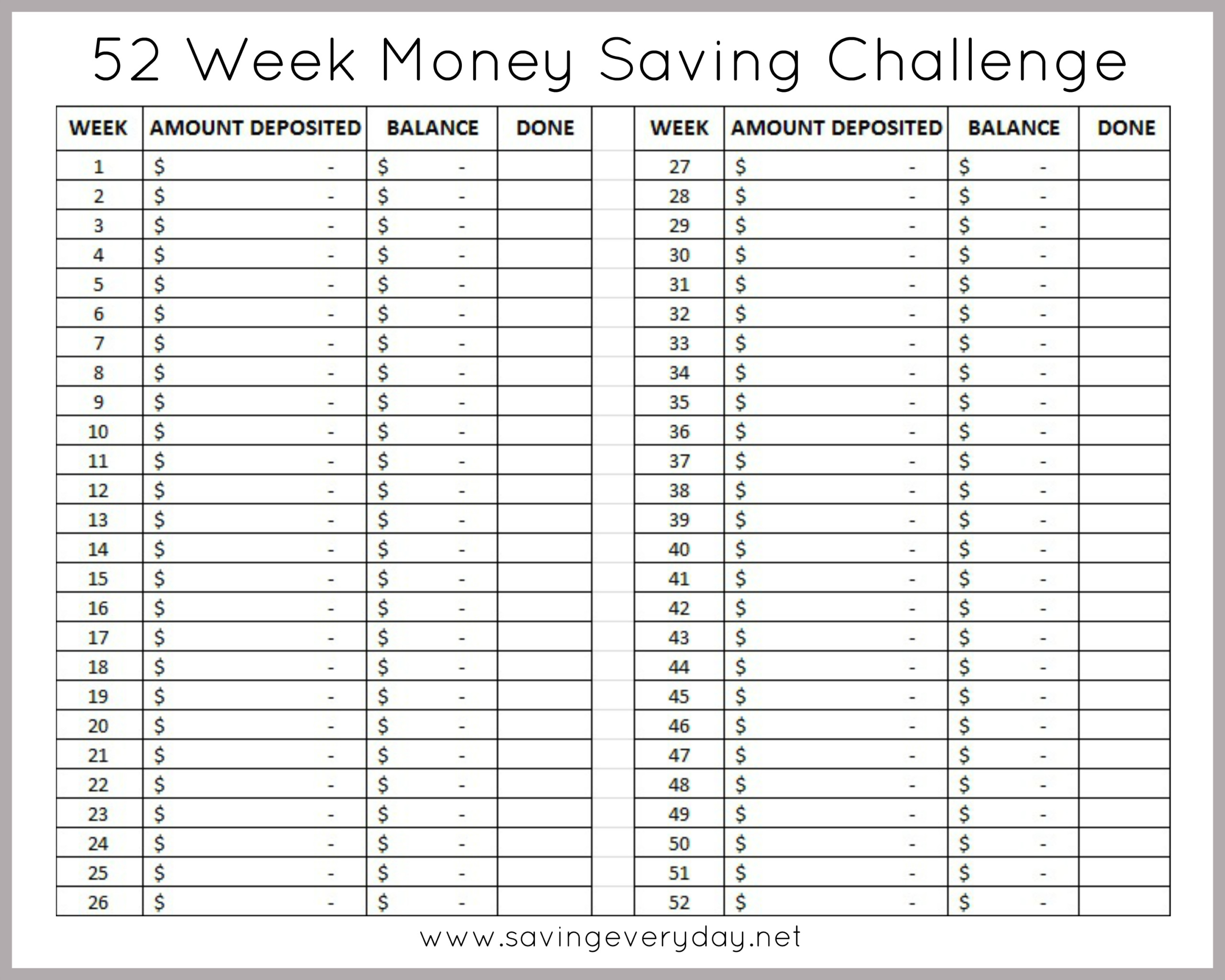 52 Week Money Saving Challenge Printable Sheet