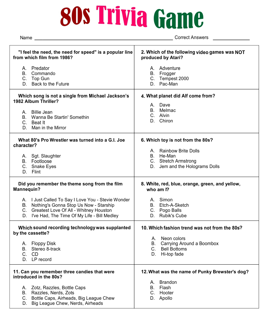 8 Best 80s Movie Trivia Printable Printablee