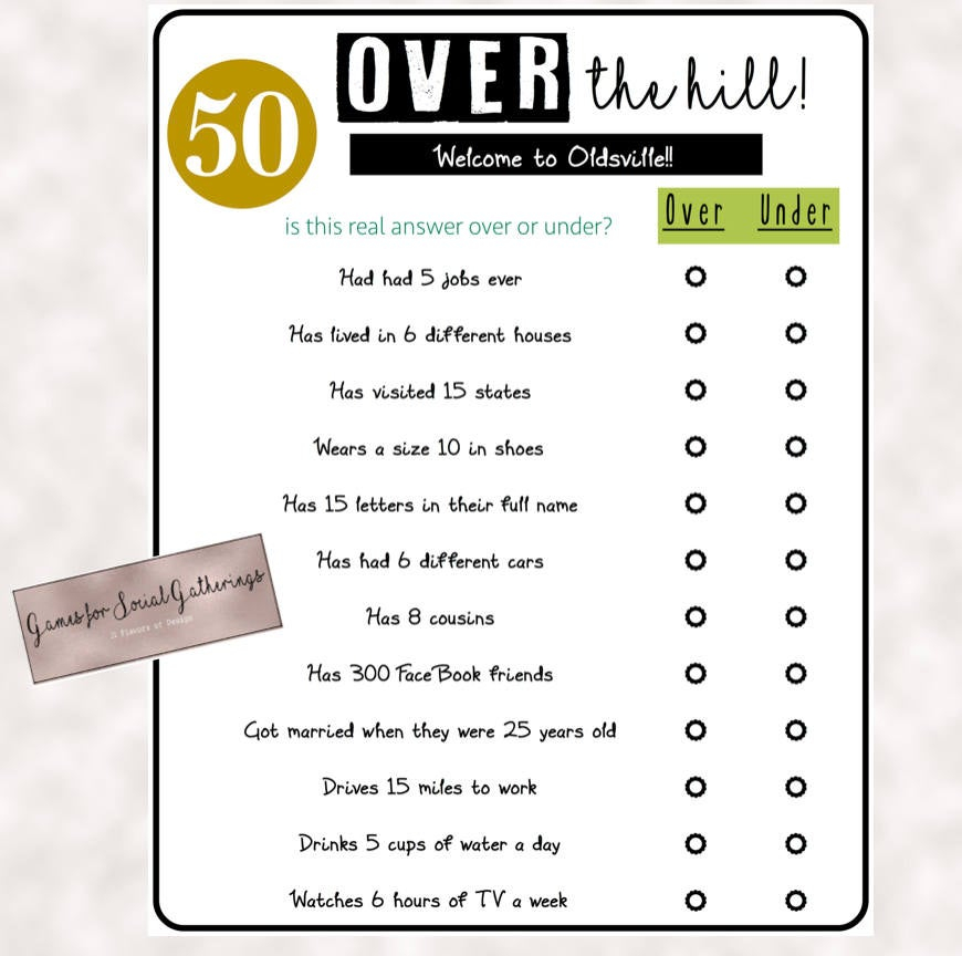 Birthday Party Game Over The Hill Over Or Under Trivia Etsy