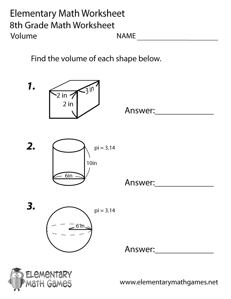 Eighth Grade Volume Worksheet
