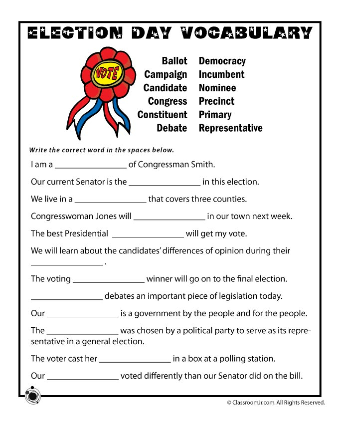 Election Day Vocabulary Worksheet Woo Jr Kids Activities