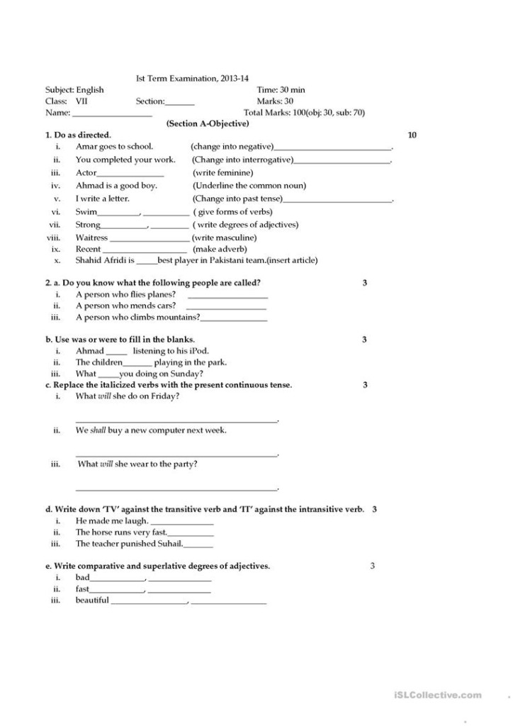 English For Grade 7 English ESL Worksheets For Distance