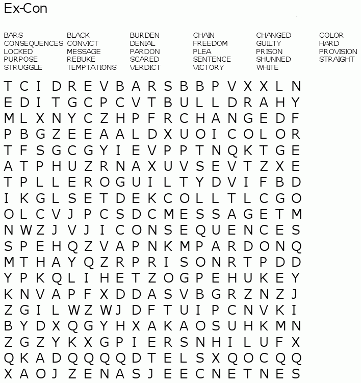 Ex Con Free Printable WORD SEARCH For Adults Seniors 
