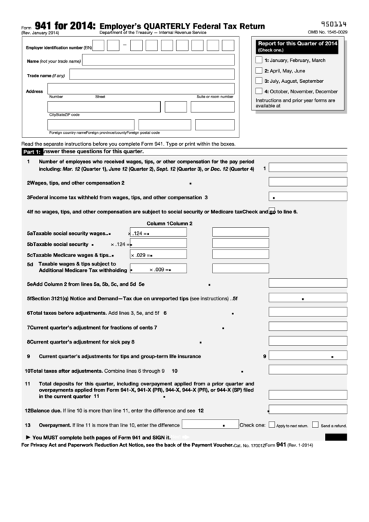 Form 941 Employer S Quarterly Federal Tax Return 2014 