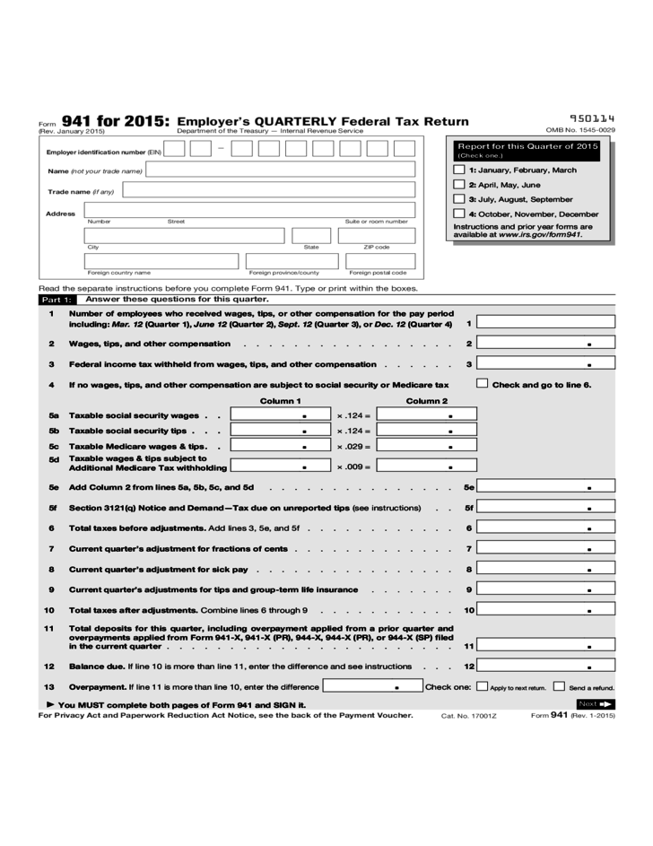 Form 941 Employer s Quarterly Federal Tax Return 2015 
