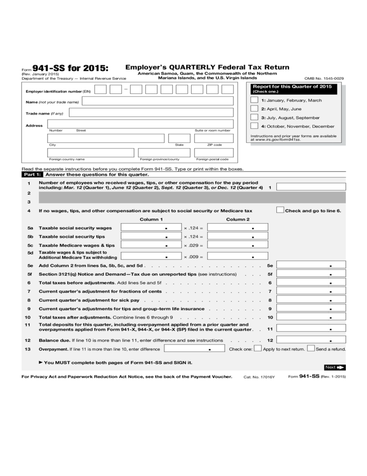 Form 941 SS Employer s Quarterly Federal Tax Return 