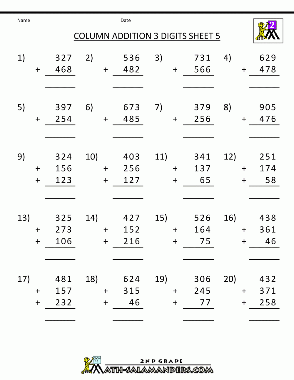 Free Printable Addition Worksheets 3 Digits