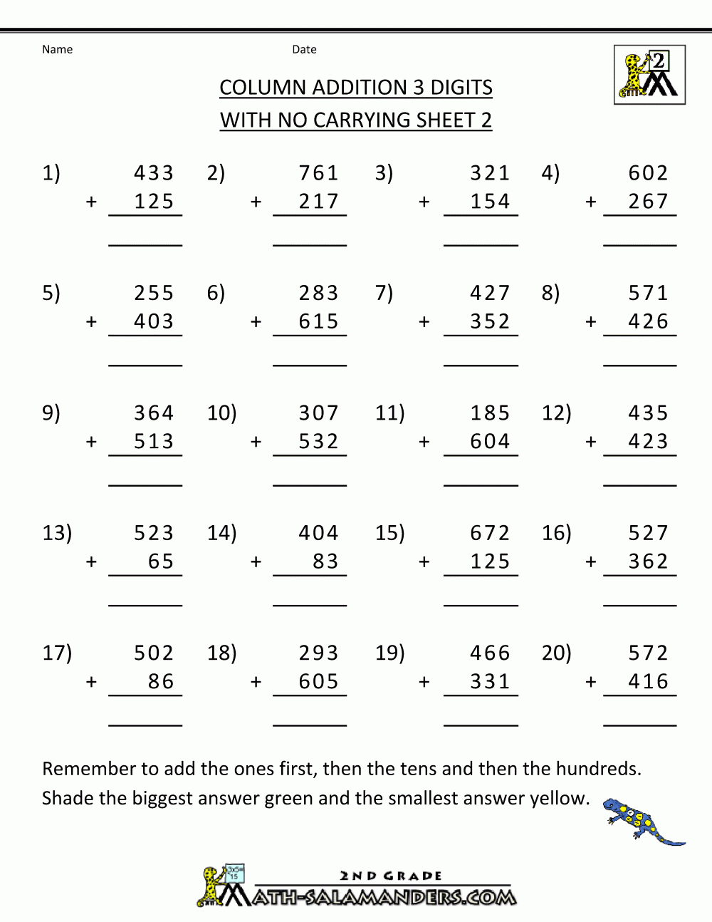 Free Printable Addition Worksheets 3 Digits