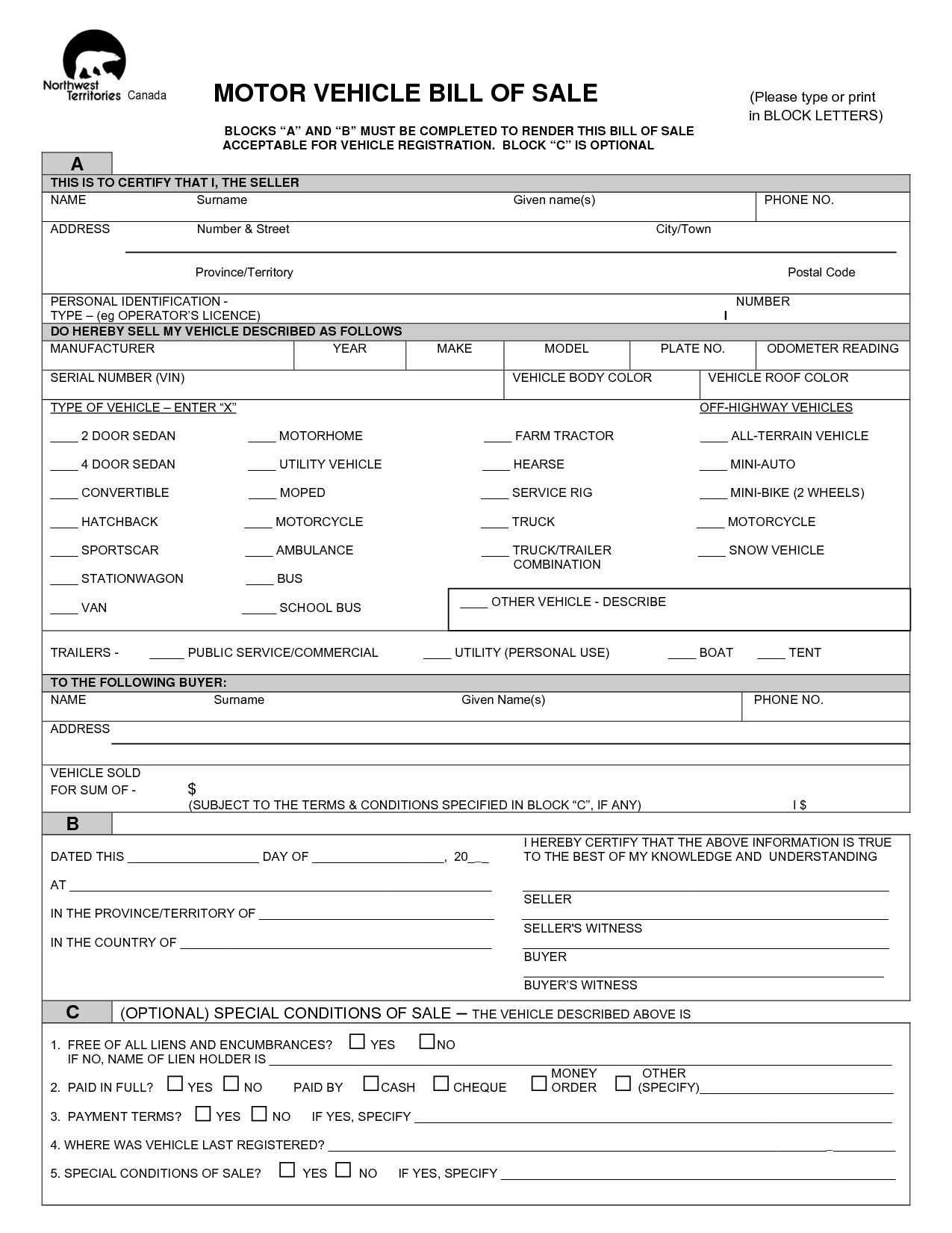 Free Printable Free Car Bill Of Sale Template Form GENERIC