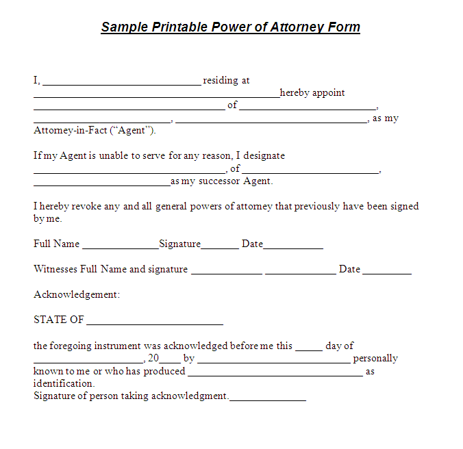 Free Printable Power Of Attorney Form GENERIC 