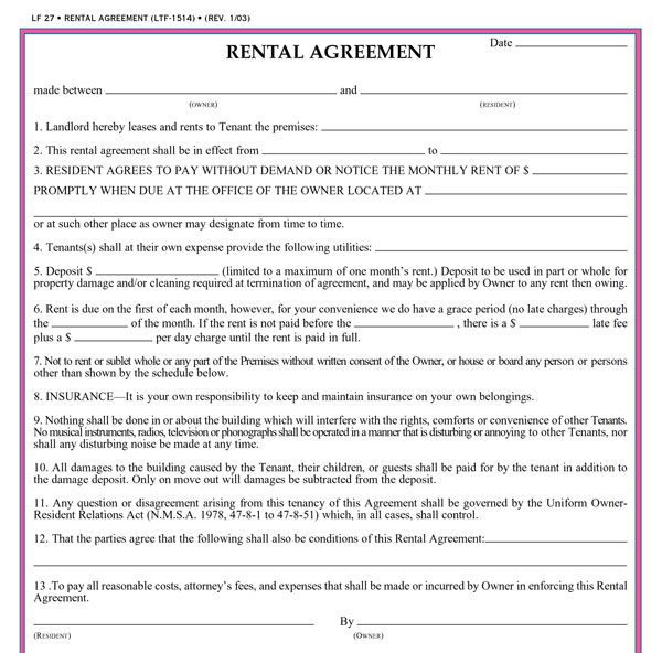 Free Printable Rental Agreements Real Estate Forms