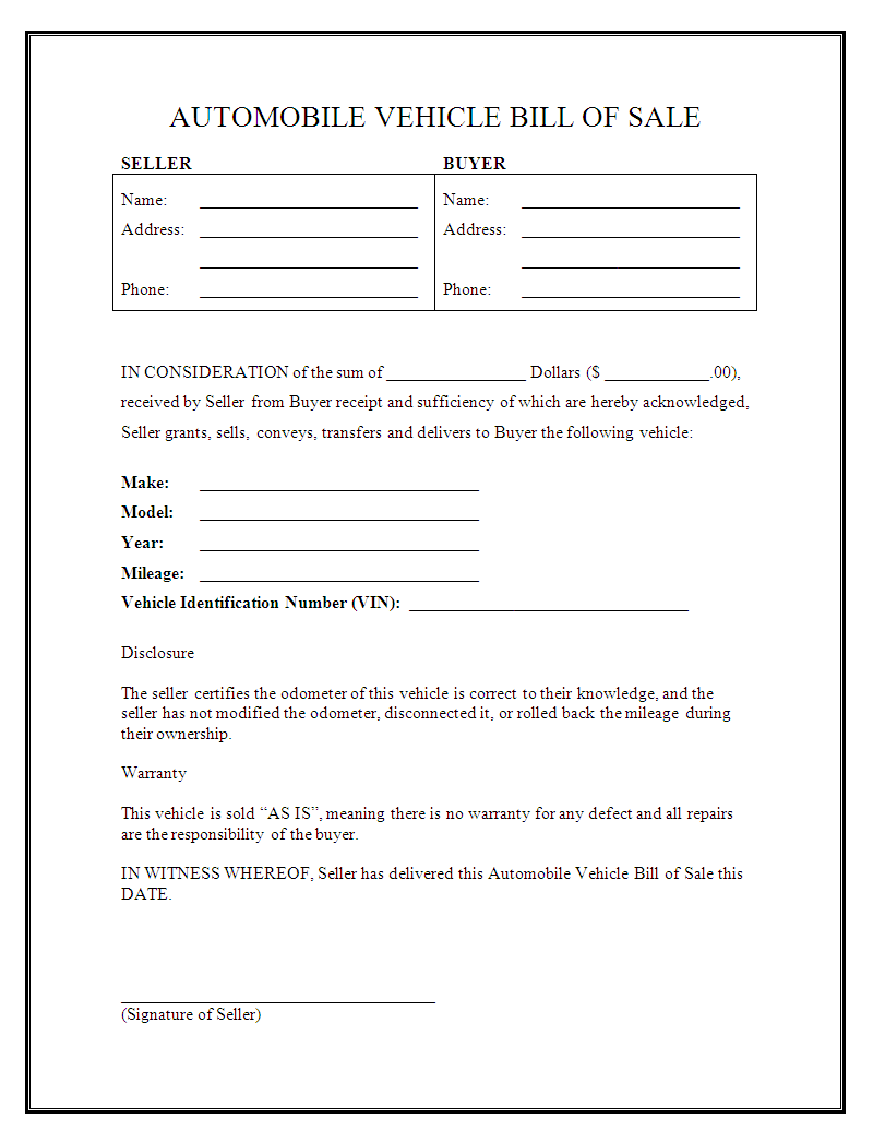 Free Printable Vehicle Bill Of Sale Template Form GENERIC 