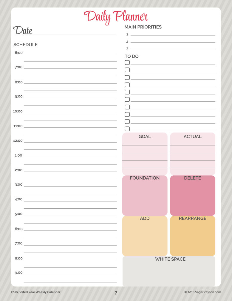 Free Printable Worksheet Daily Planner For 2016 Sage 