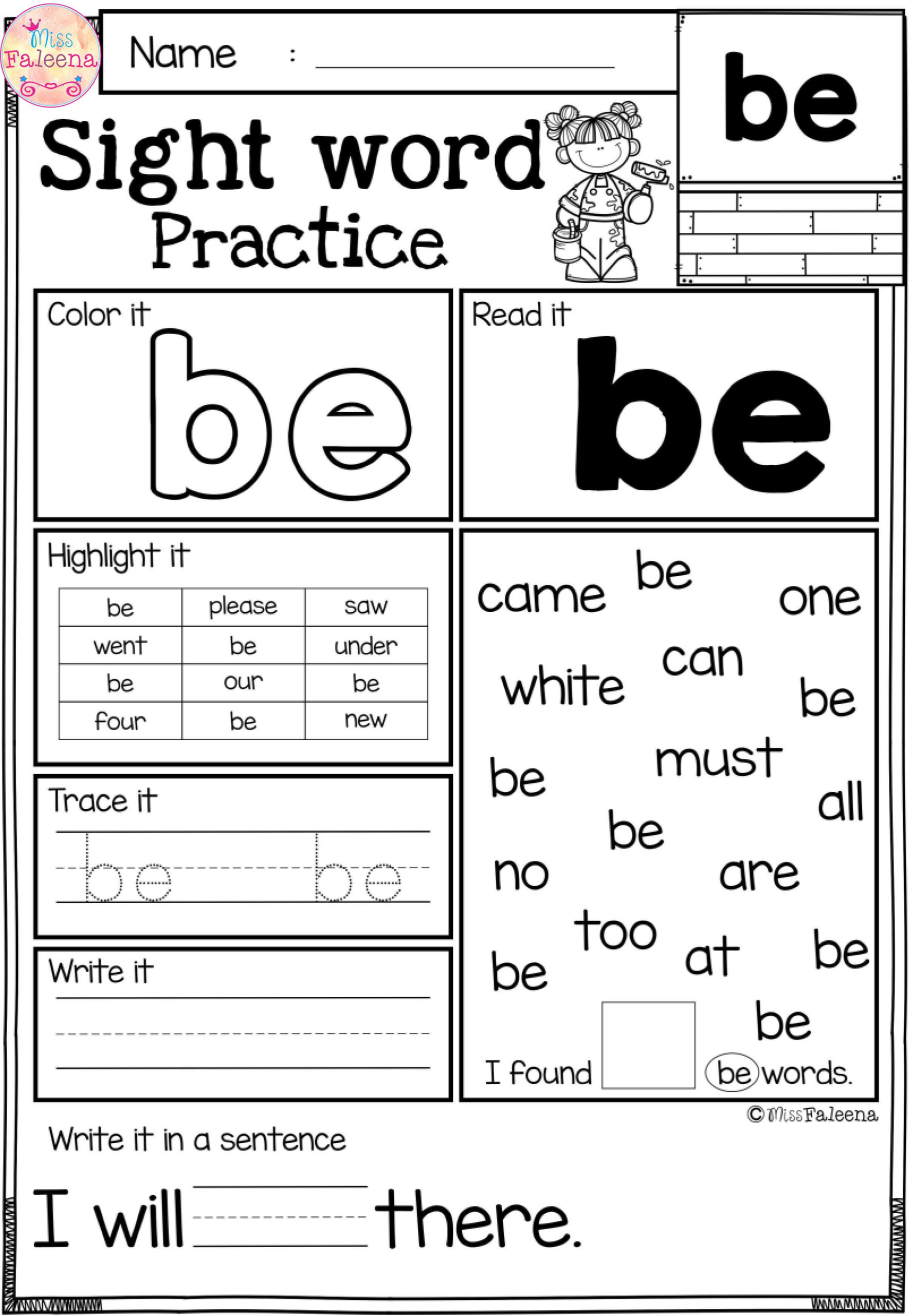 Free Sight Word Practice Kindergarten Worksheets Sight 