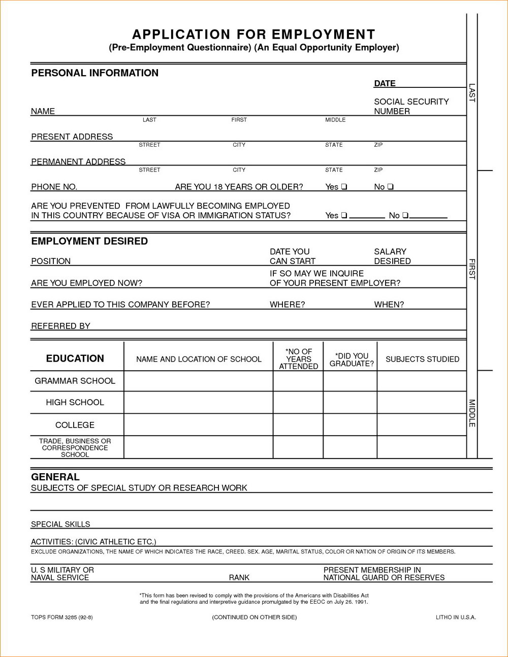 Generic Job Application Printable Free Template Business 