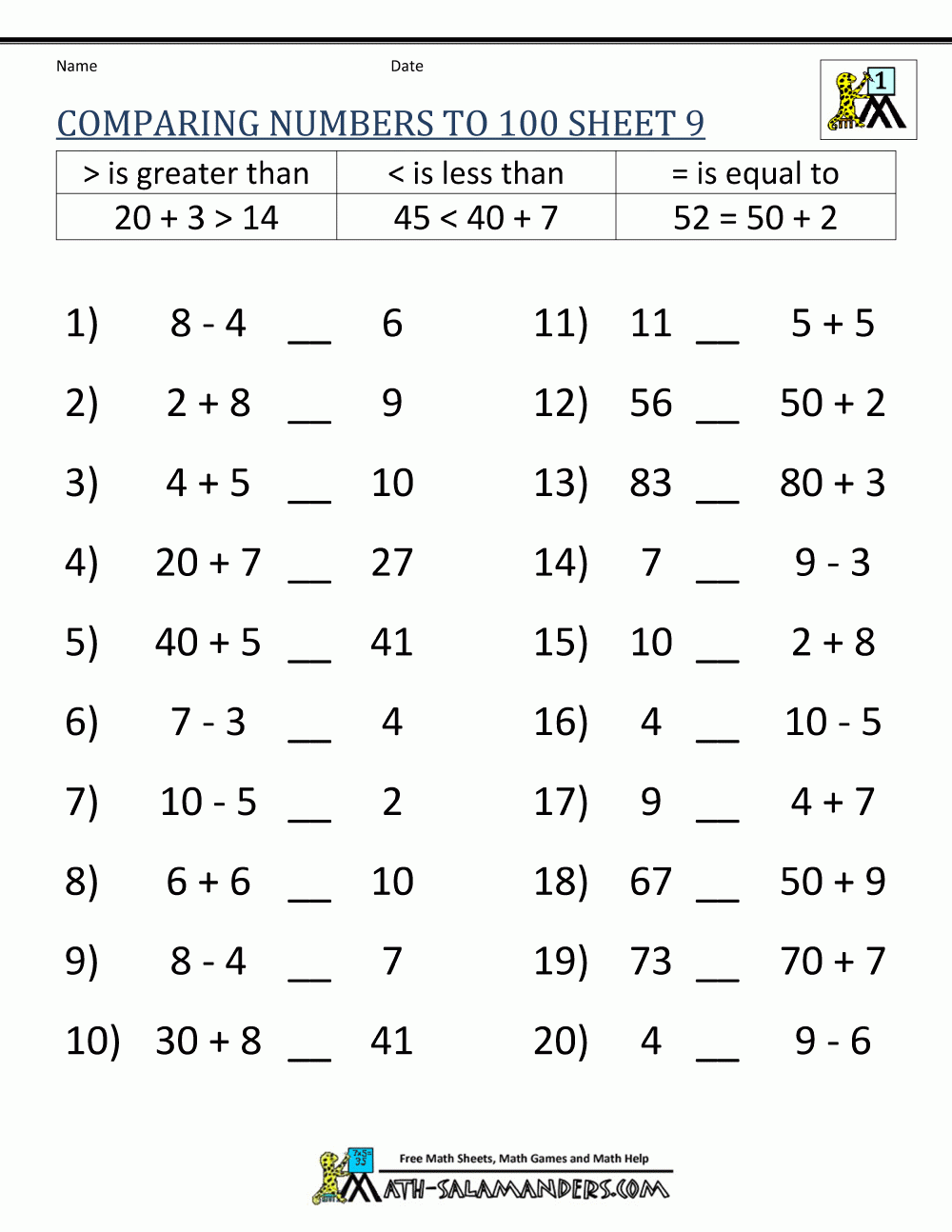 Greater Than Less Than Worksheet Comparing Numbers To 100