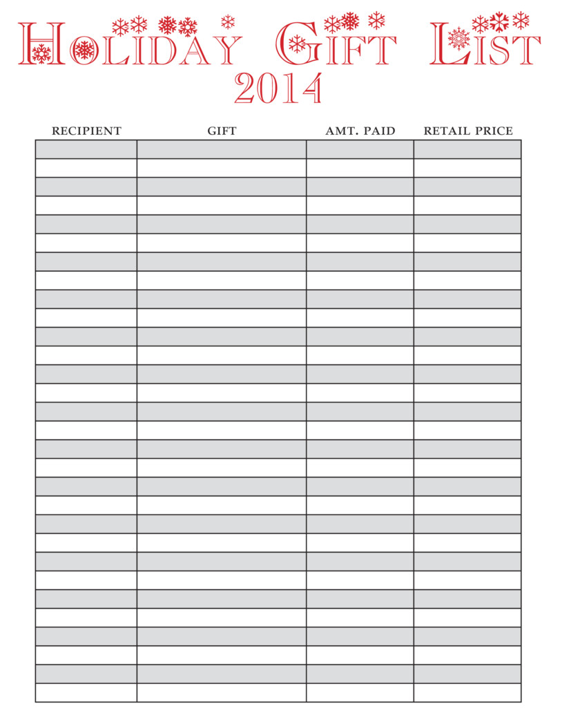 Holiday Gift List FREE Printable One Beautiful Home