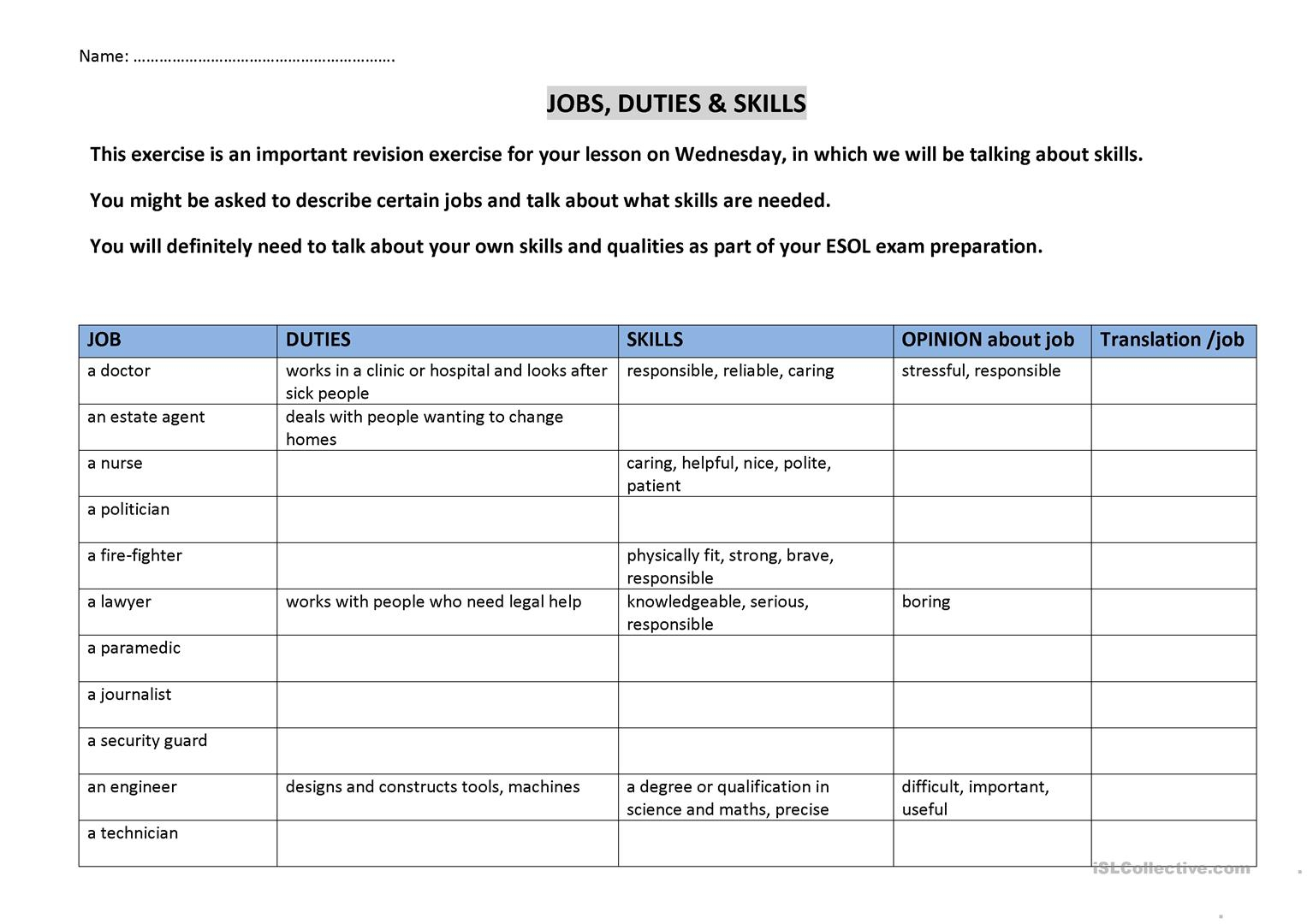 Jobs Duties And Skills Worksheet Free ESL Printable 