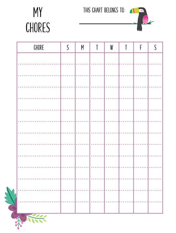 Kids Chore Chart Printable Cute Tropical Design Free 