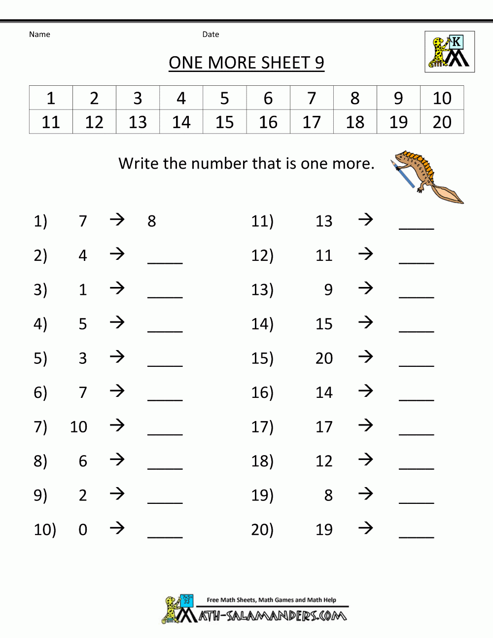 Kindergarten Math Worksheets Printable One More