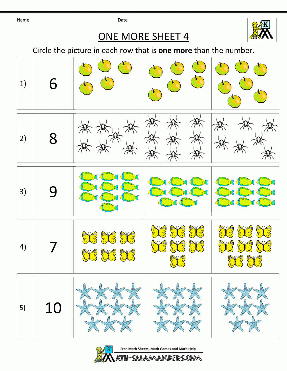 Kindergarten Math Worksheets Printable One More