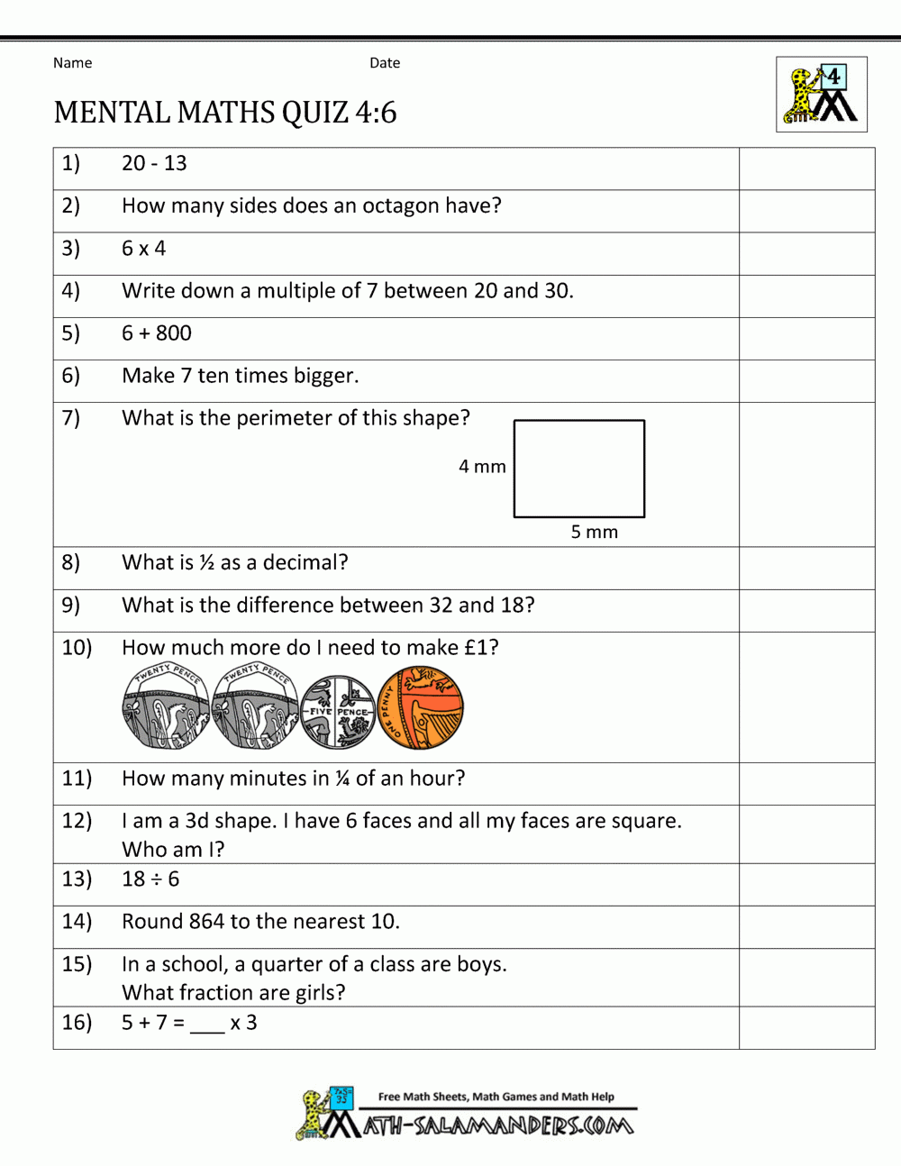 Mental Maths Test Year 4 Worksheets