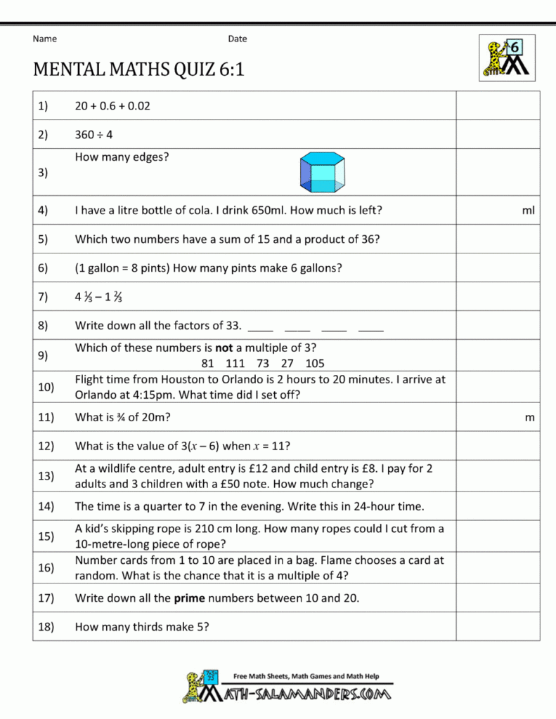 Mental Maths Tests Year 6 Worksheets