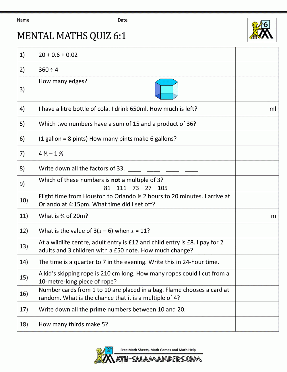 Mental Maths Tests Year 6 Worksheets