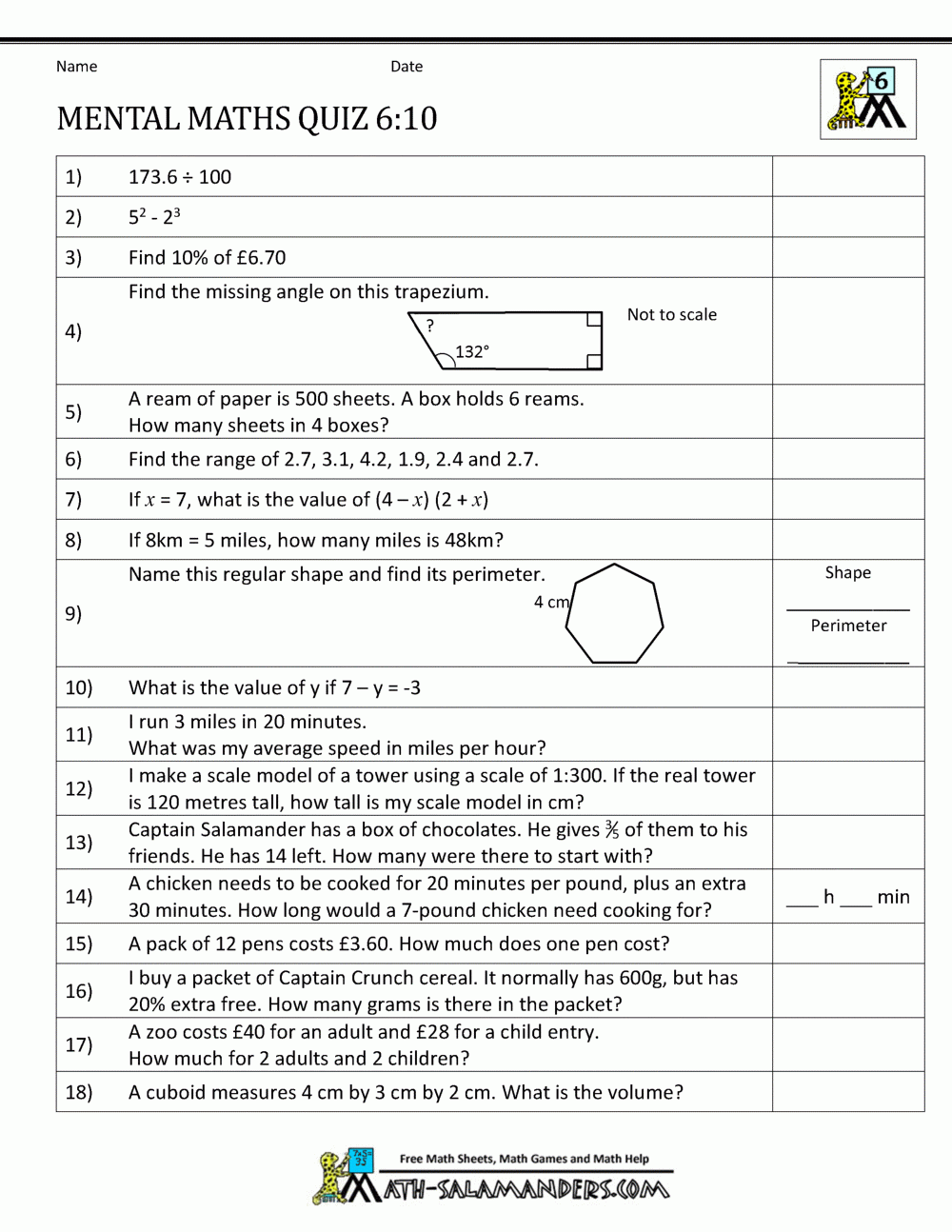 Mental Maths Tests Year 6 Worksheets