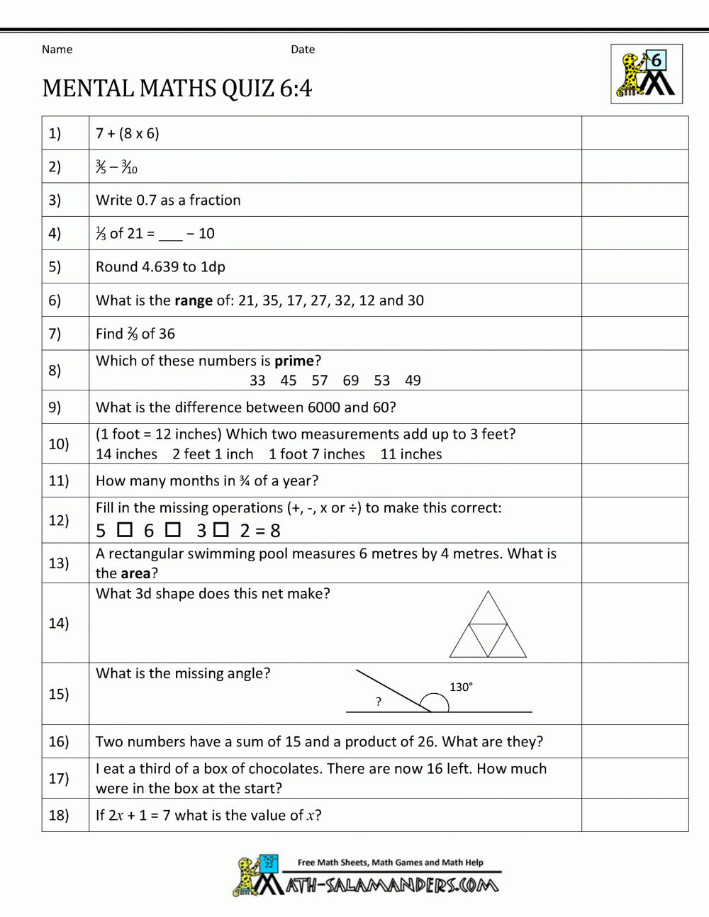 Mental Maths Tests Year 6 Worksheets