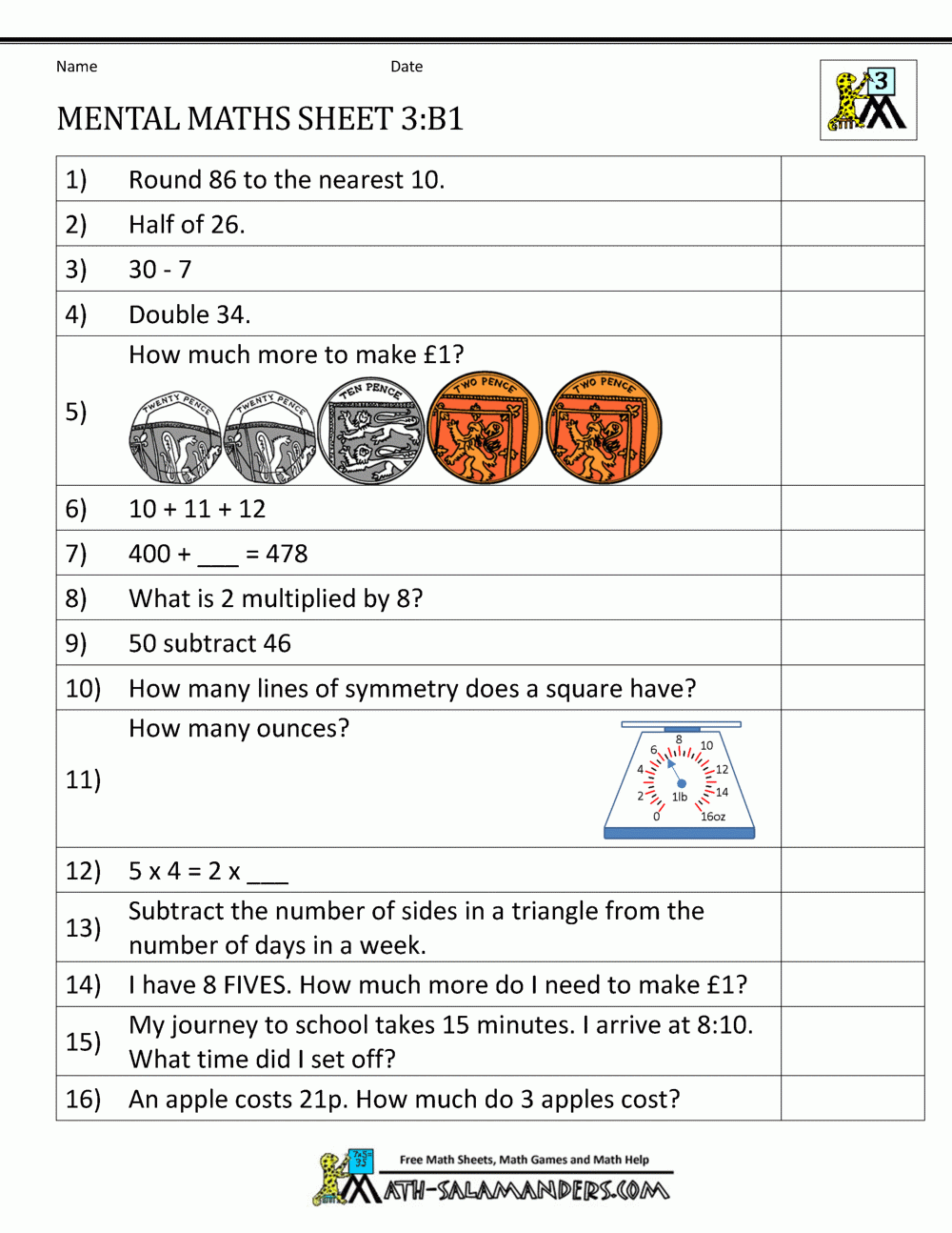 Mental Maths Year 3 Worksheets