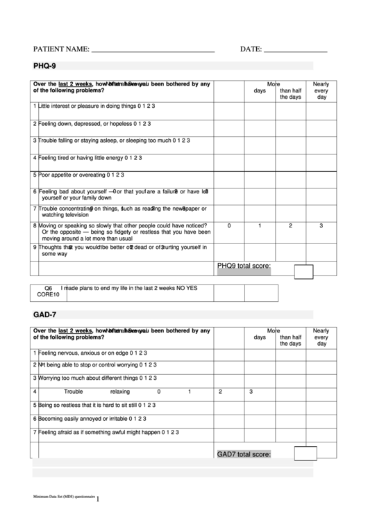 Minimum Data Set Questionnaire Phq 9 Template form Gad 7 