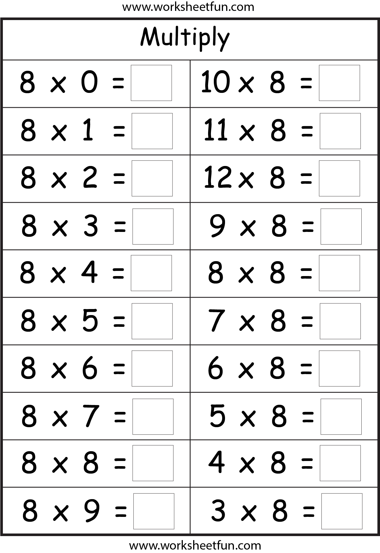 Multiplication Basic Facts 2 3 4 5 6 7 8 9 Times 