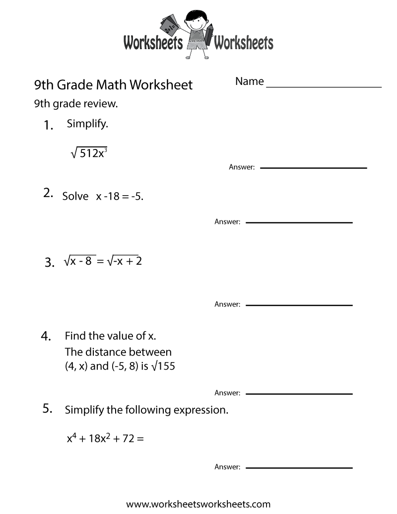 Ninth Grade Math Practice Worksheet Free Printable 