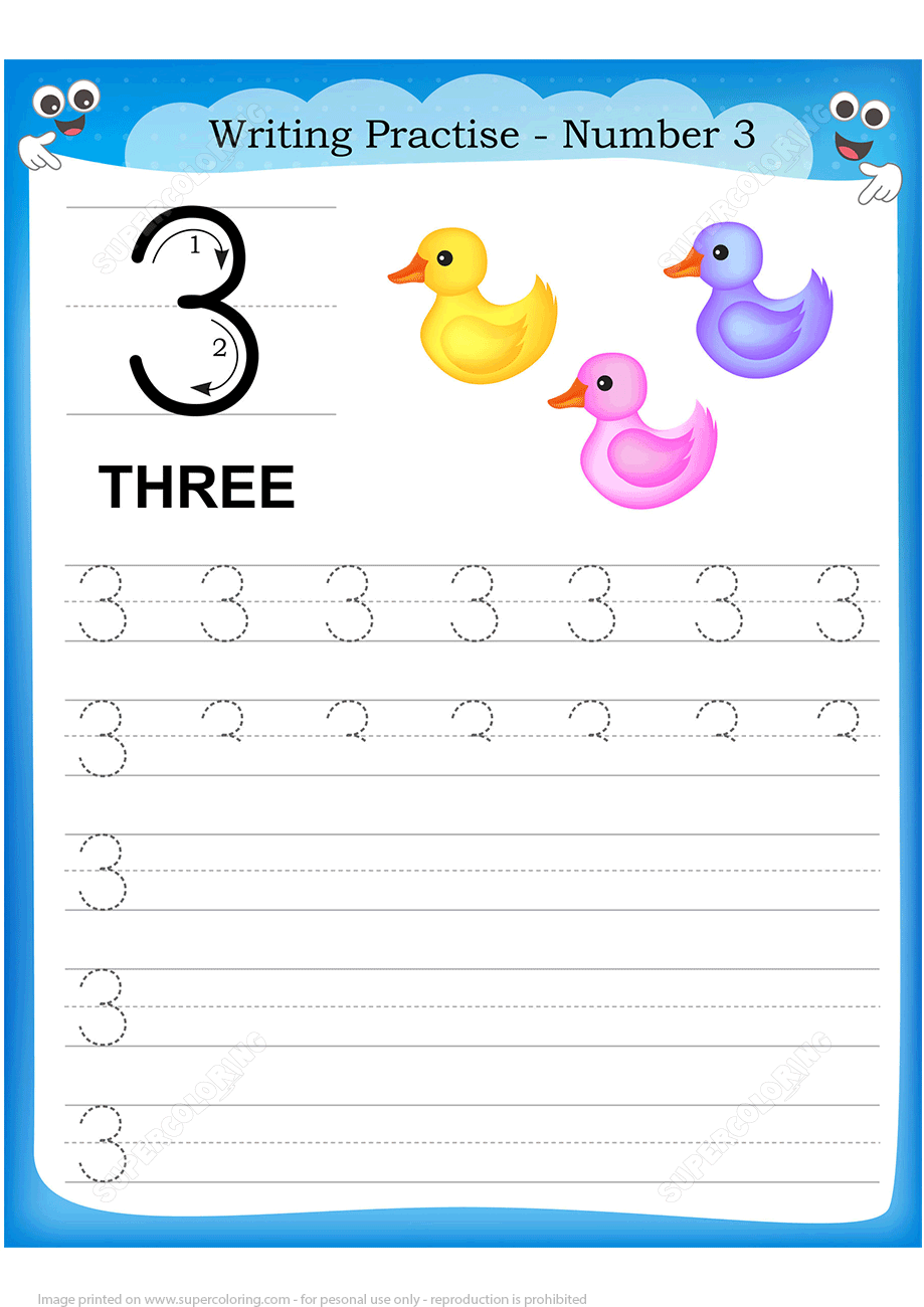 Number 3 Handwriting Practice Worksheet Free Printable 