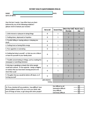 PATIENT HEALTH QUESTIONNAIRE PHQ 9 Msudenver edu Fill 