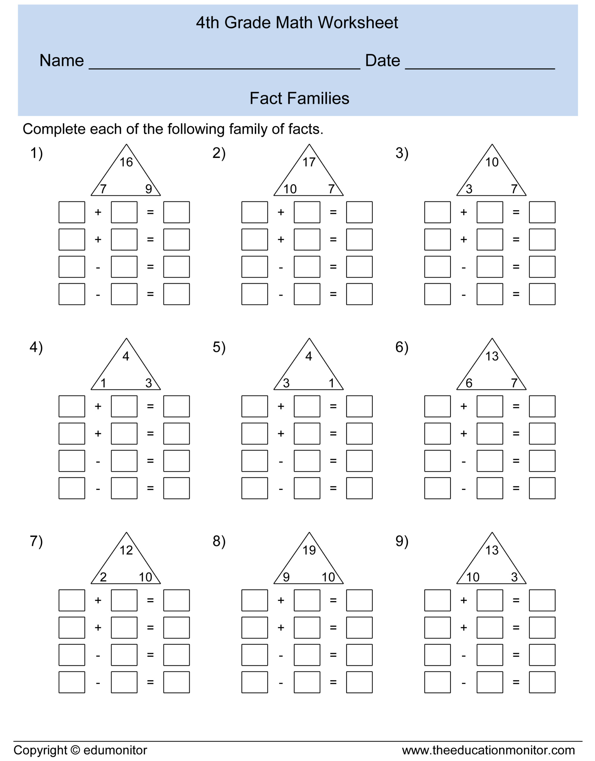 Printable 4th Grade Fact Families Worksheets