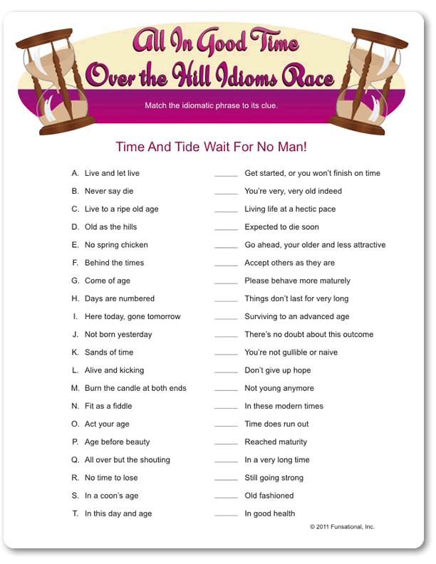 Printable All In Good Time Over The Hill Idioms Race 