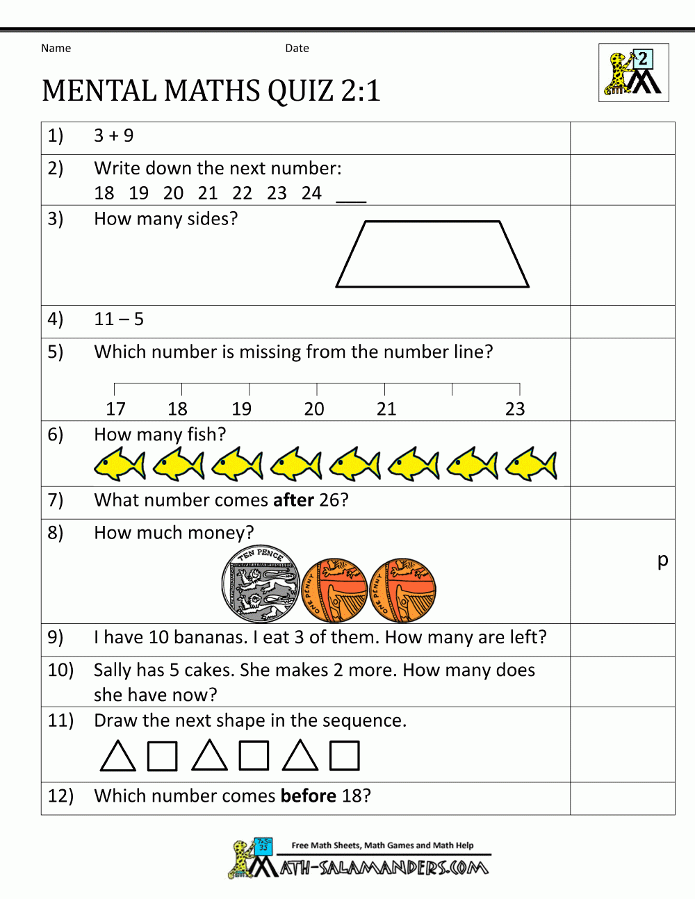 Printable Mental Maths Year 2 Worksheets