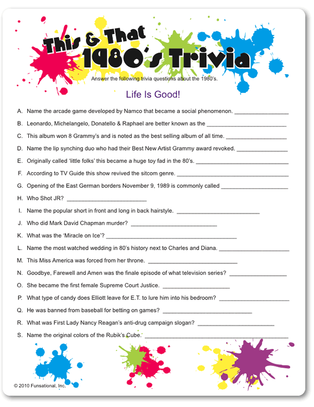 Printable This That 1980 s Trivia Funsational 