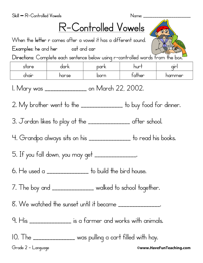 R Controlled Vowels Fill In The Blanks Worksheet Have 