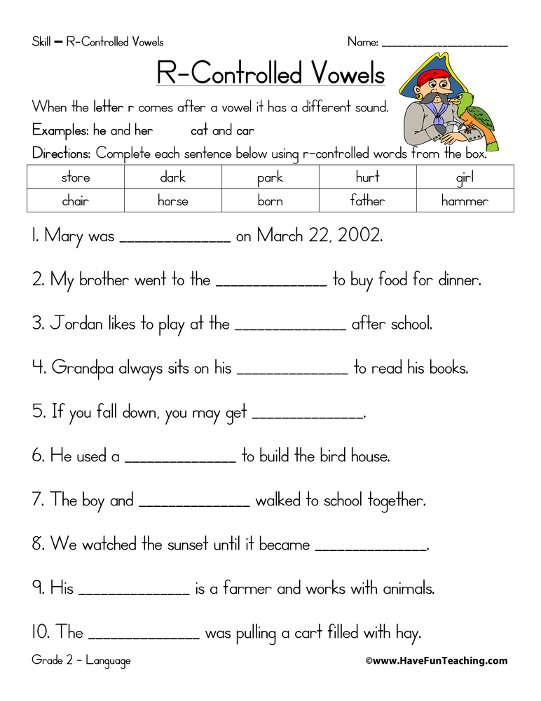 R Controlled Vowels Fill In The Blanks Worksheet Have