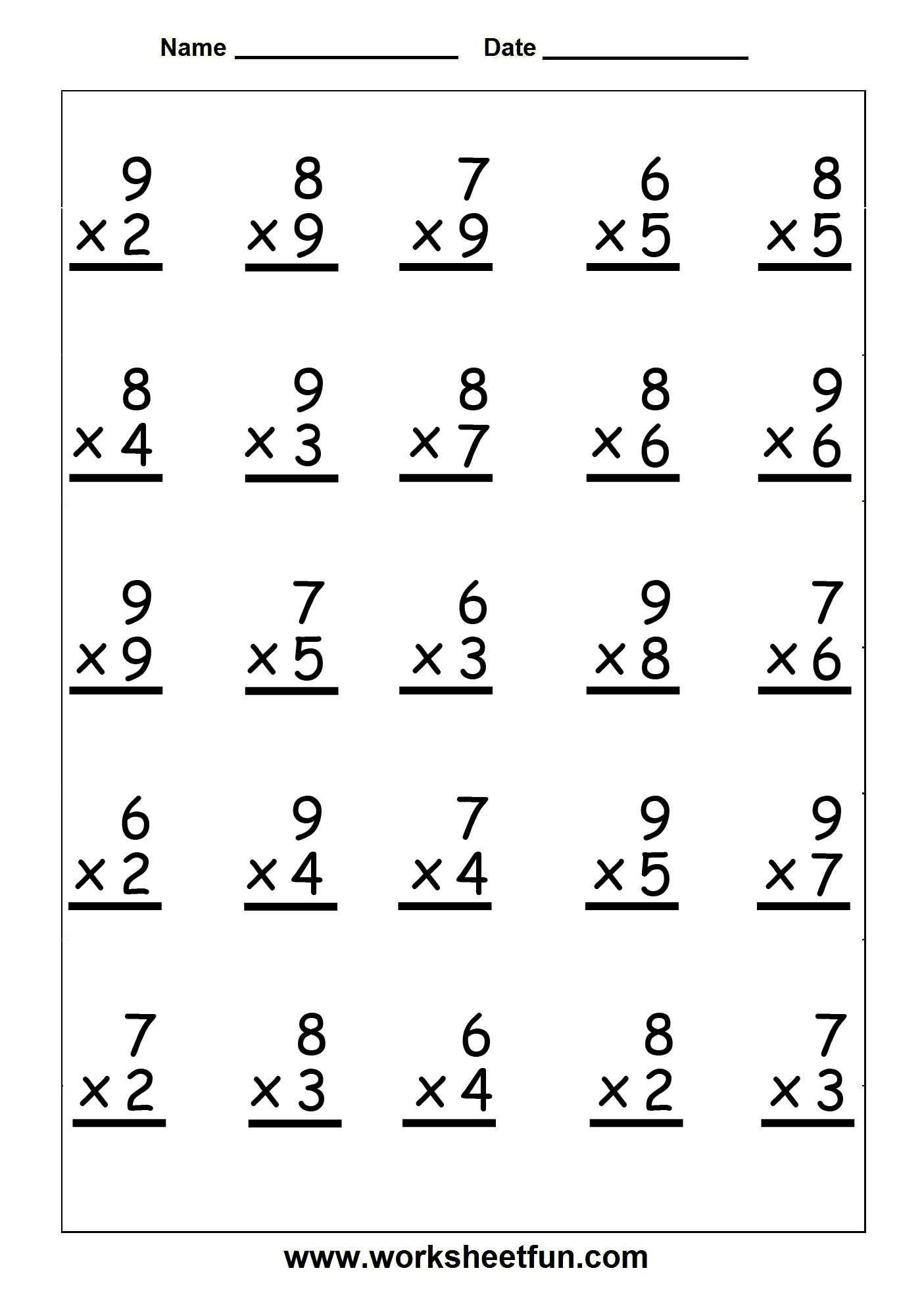 Single Digit Multiplication 25 Problems On Each 