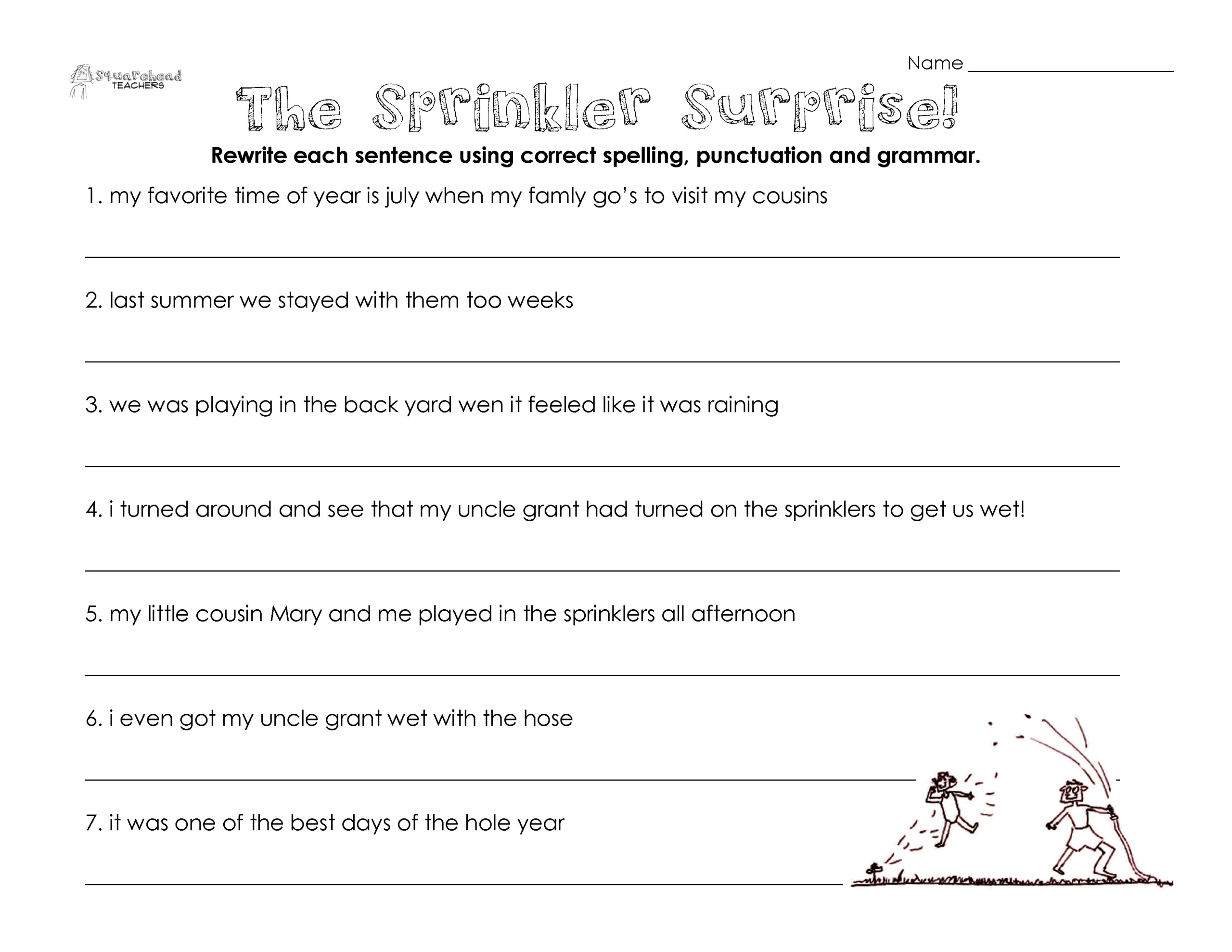 The Sprinkler Surprise grammar Worksheet Squarehead 