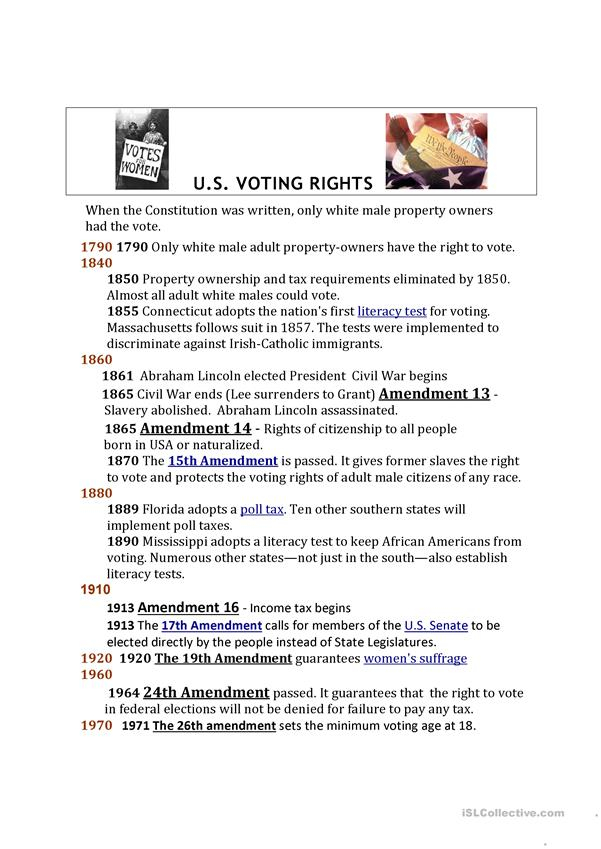 US Voting Rights Worksheet Free ESL Printable Worksheets 