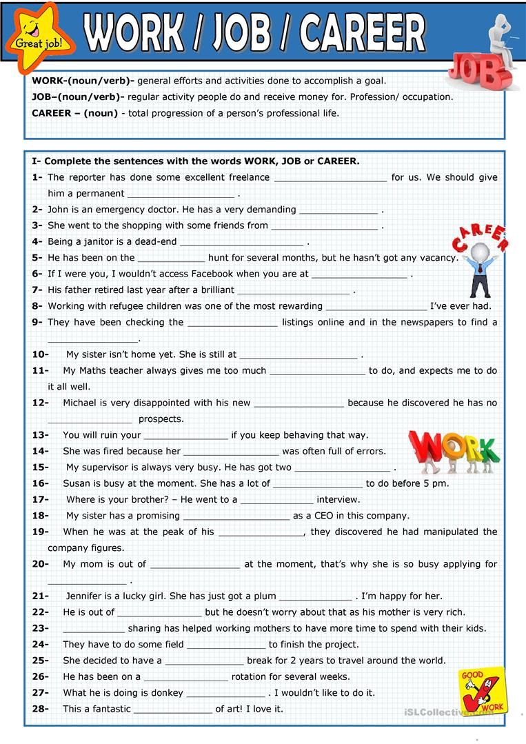 Work Job Career English ESL Worksheets For Distance 