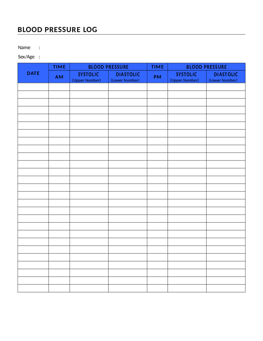 2020 Blood Pressure Log Chart Fillable Printable PDF 