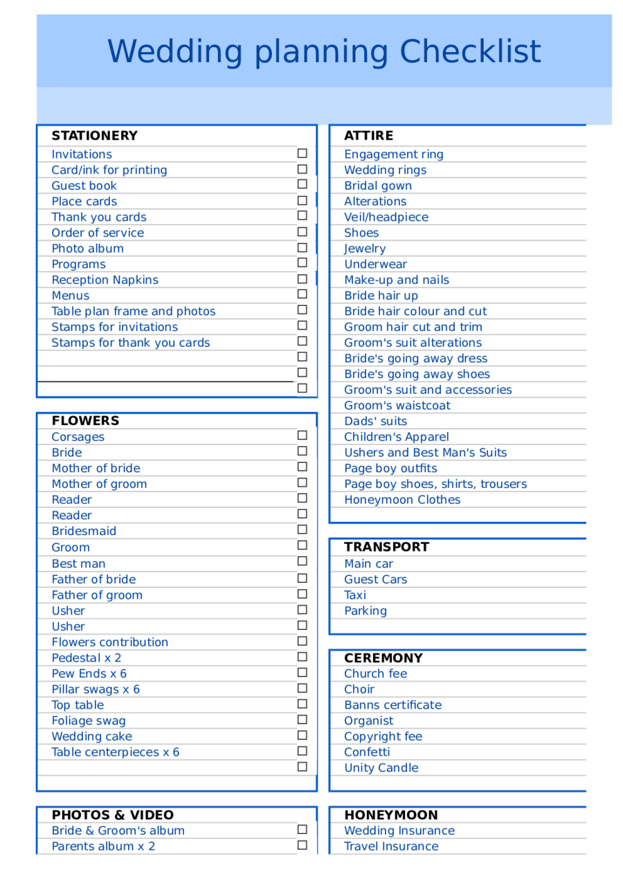 2020 Wedding Checklist Template Fillable Printable PDF 